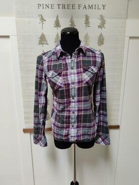 TNA Aritzia Moonshine Plaid Flannel Shirt | Purple & Green | Size Small